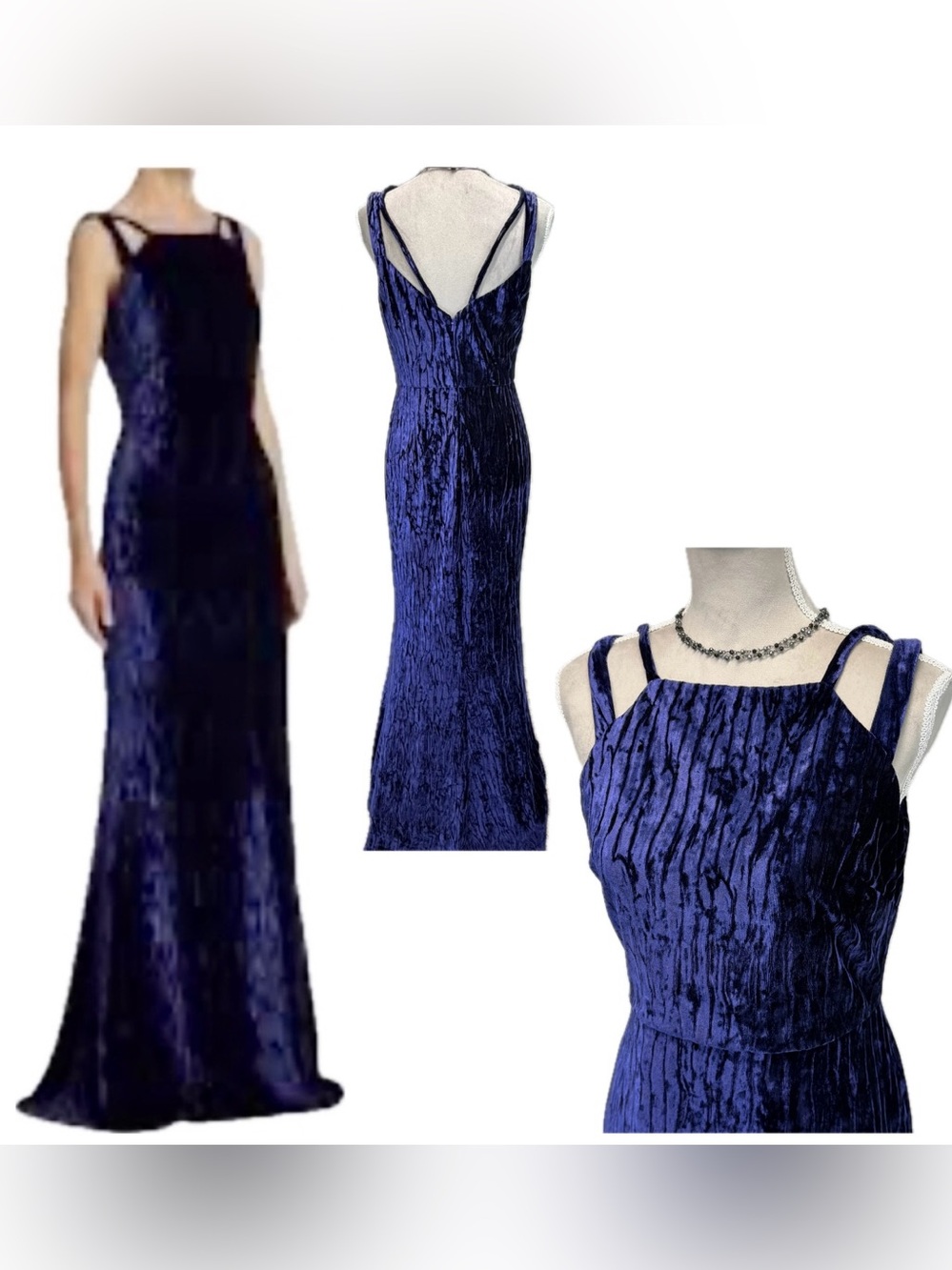 Badgley Mischka Royal Blue Crushed Velvet Dress Maxi Gown 10 Prom Goth Glam Chic
